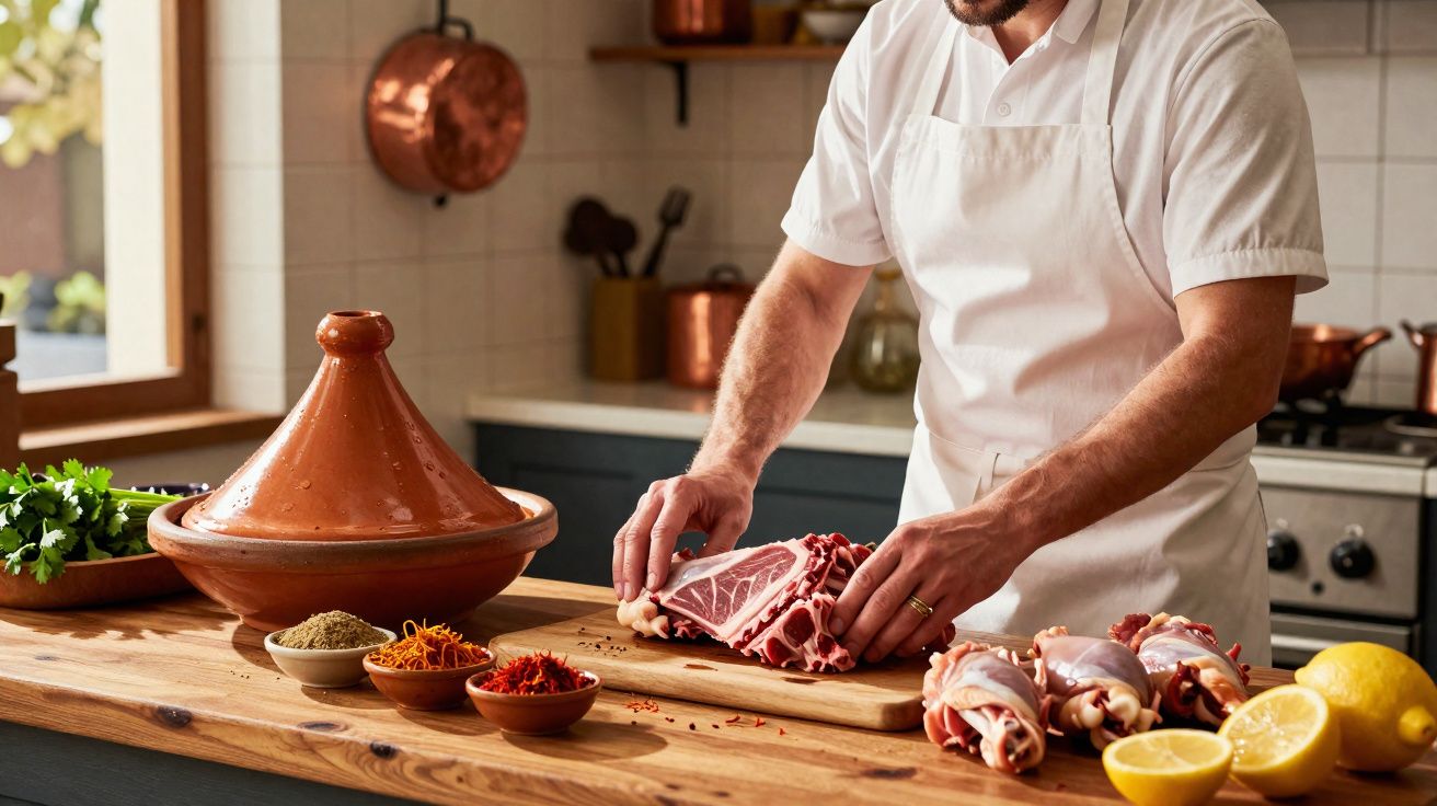 Chef preparando carne com especiarias e legumes em cozinha rústica com panela de barro e limões.