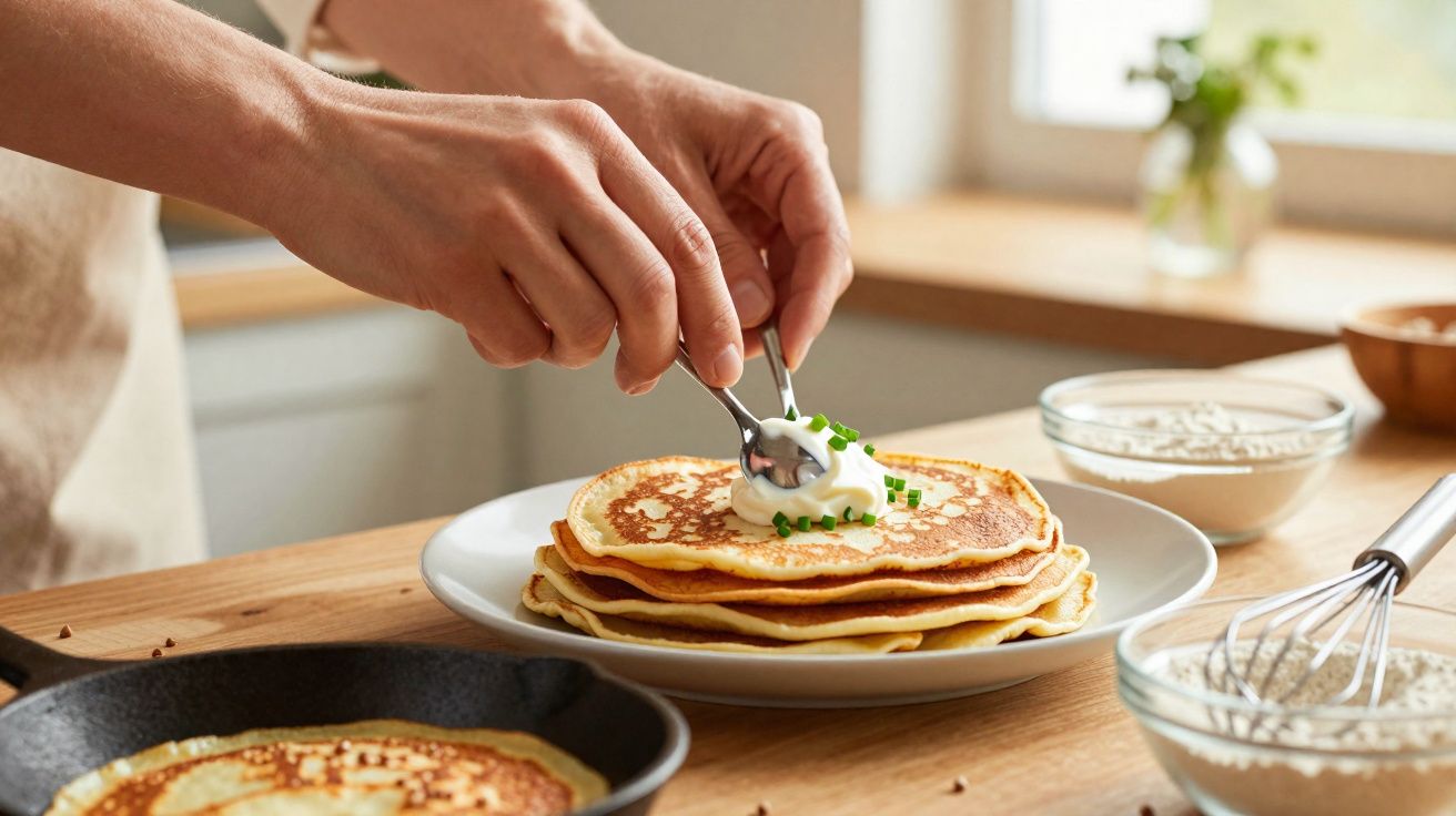 Mãos decorando panquecas com creme e cebolinha em prato na cozinha com ingredientes ao fundo.
