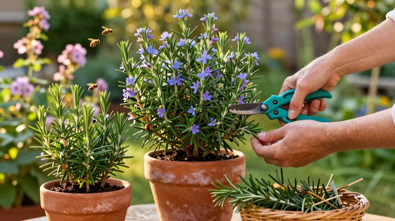 Pessoa podando planta com flores roxas em vaso de barro, com outras plantas e abelhas ao redor.