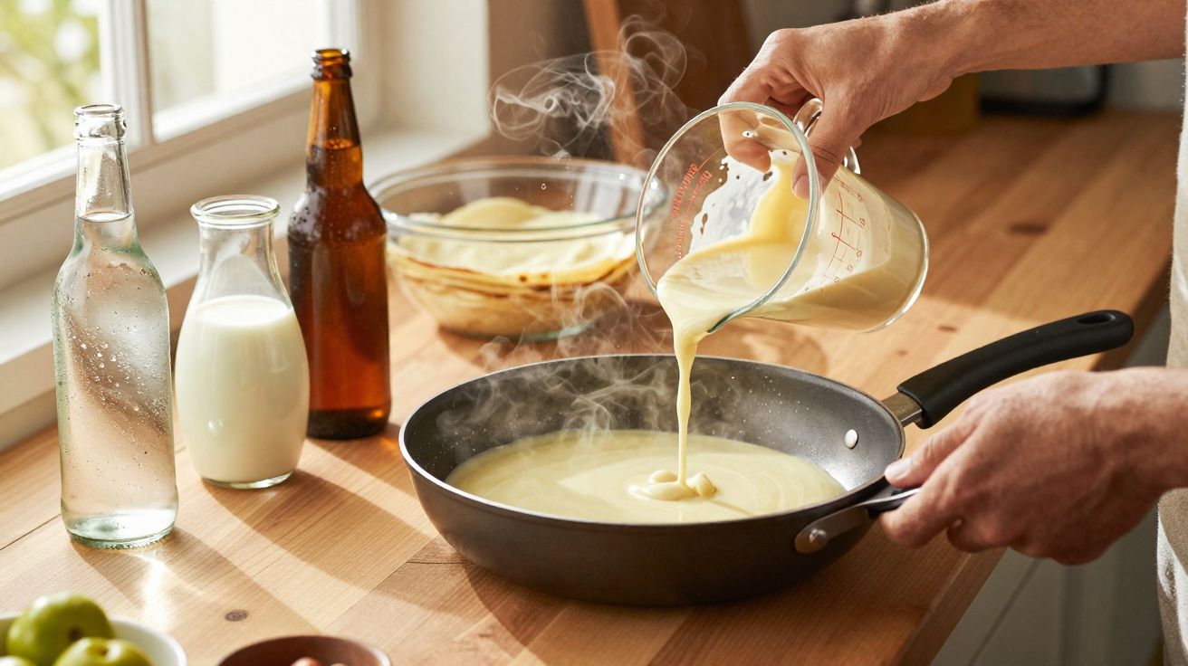 Mãos despejando massa cremosa em frigideira quente para preparar panquecas na cozinha iluminada.