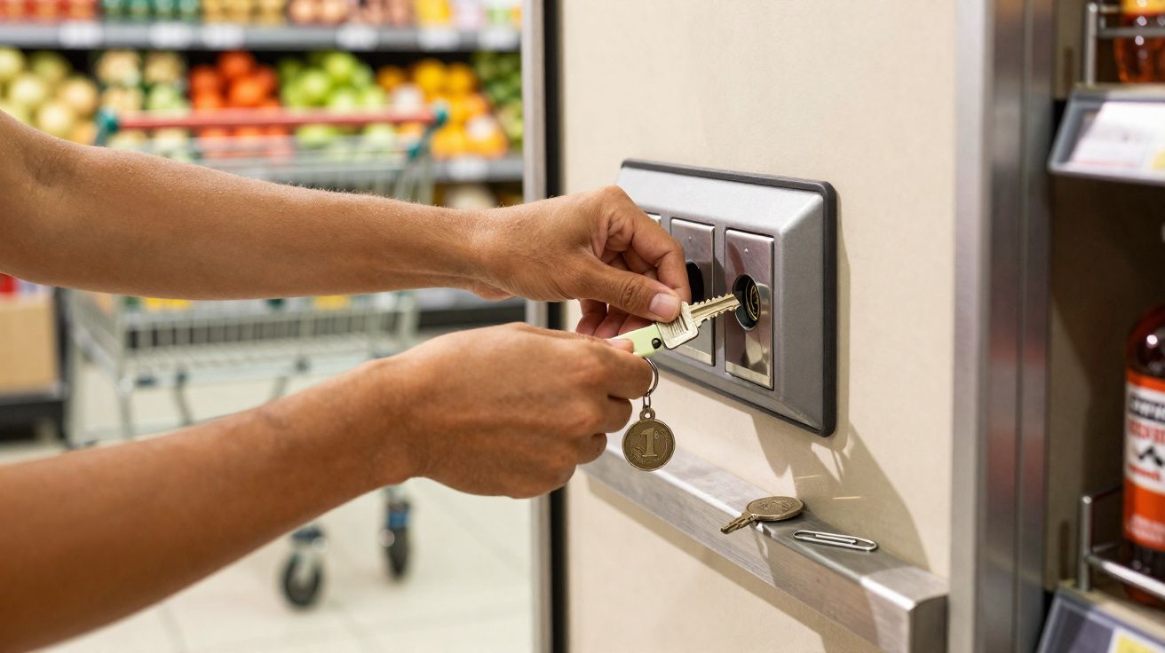 Pessoa usando chave para abrir um armário ou caixa de depósito em supermercado com frutas ao fundo.