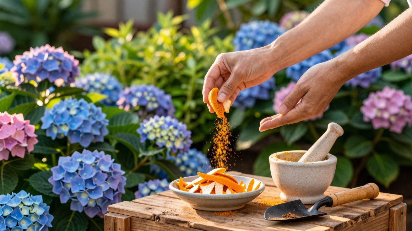 Mãos polvilhando tempero em cascas de laranja em um prato ao ar livre com flores coloridas ao fundo.