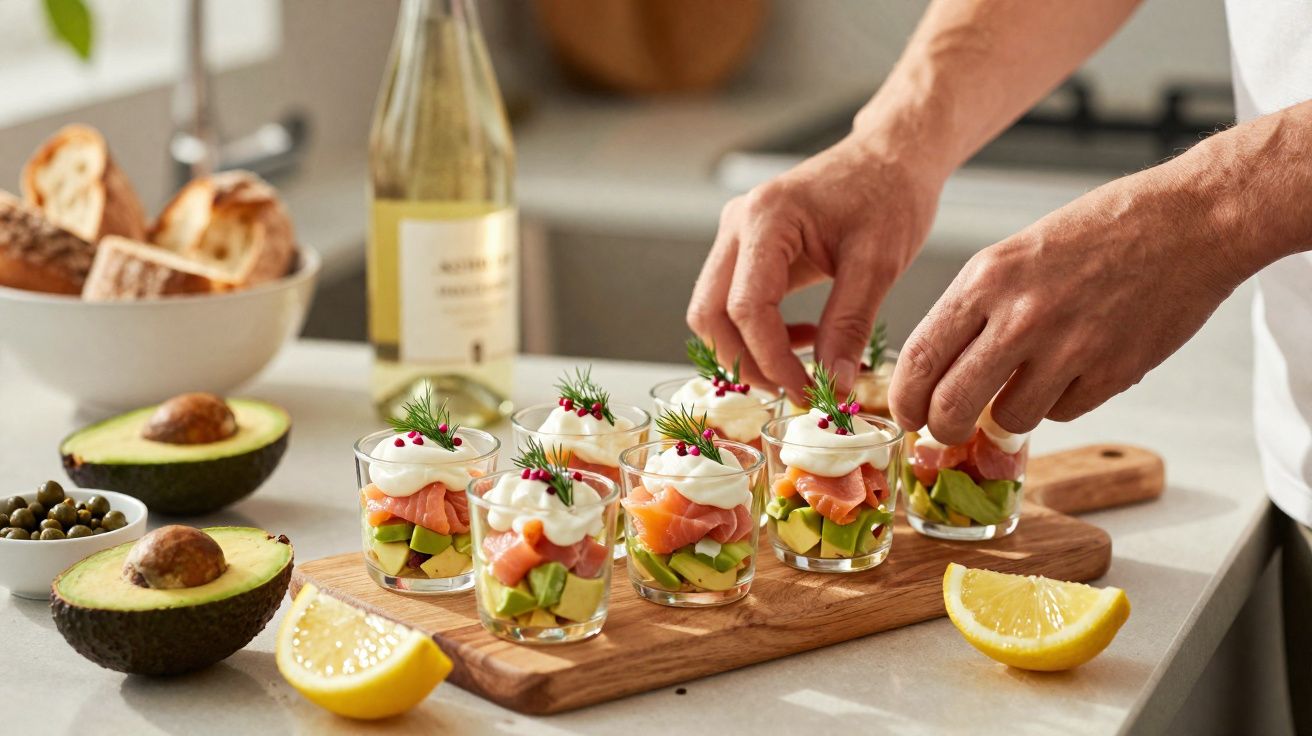 Mãos decorando copinhos com salmão, abacate, creme e ervas, em bancada de cozinha com limão e vinho.