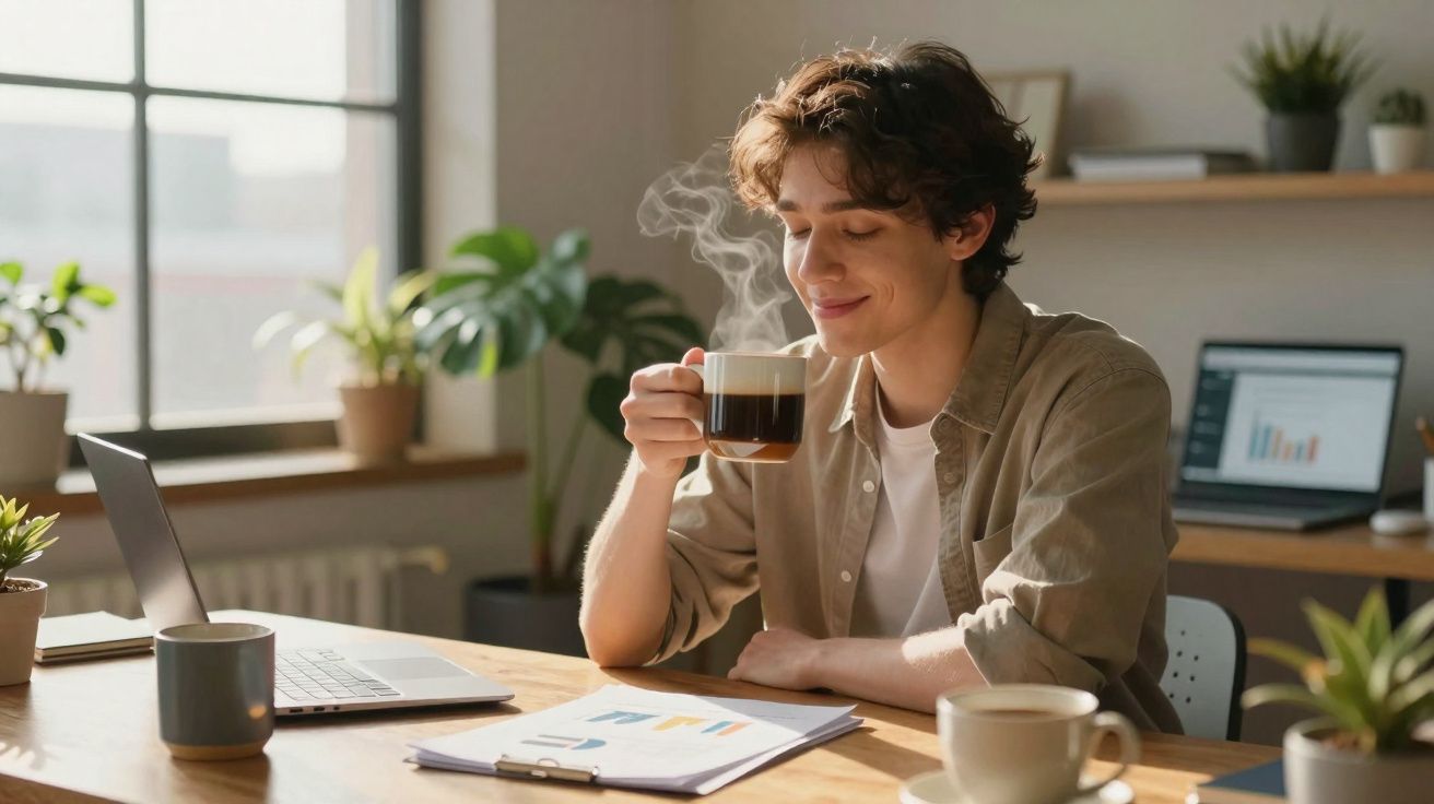Jovem sentado em mesa de trabalho tomando café, com laptop e papéis em ambiente iluminado e com plantas.