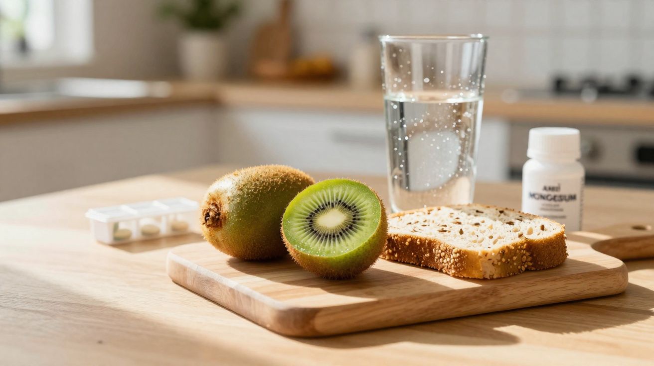 Tábua com kiwi inteiro e cortado, fatia de pão, copo com água e frascos de comprimidos na cozinha.