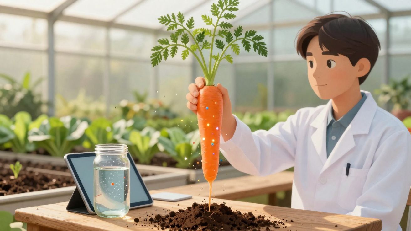 Cientista em estufa segurando cenoura gigante recém colhida de solo sobre mesa com tablet e pote d’água.