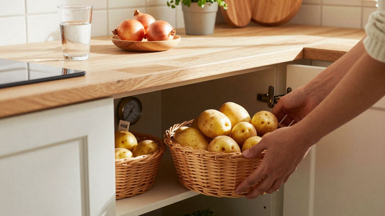 Pessoa guardando cesta com batatas em armário de cozinha com cebolas e copo de água na bancada de madeira.