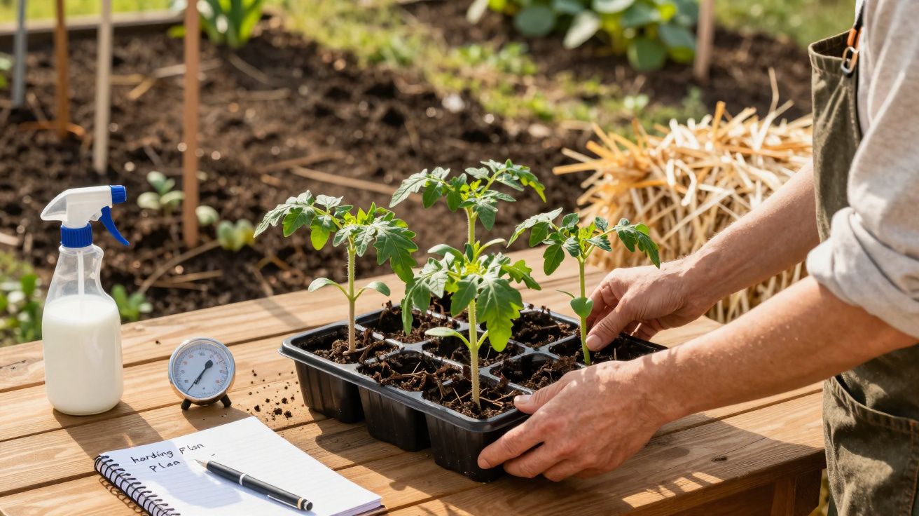 Pessoa transplantando mudas de tomate em bandeja preta sobre mesa de madeira em jardim.