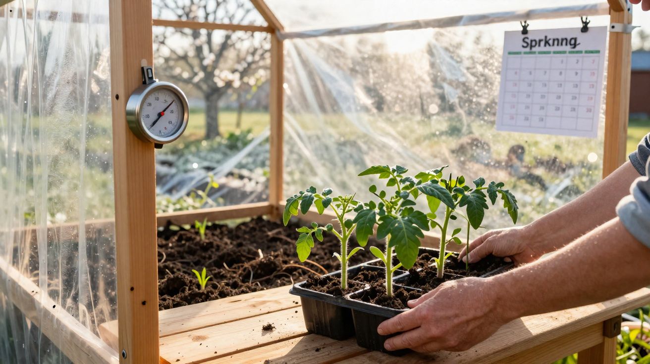Mãos colocando mudas de tomate em mini estufa com termômetro e calendário ao fundo.