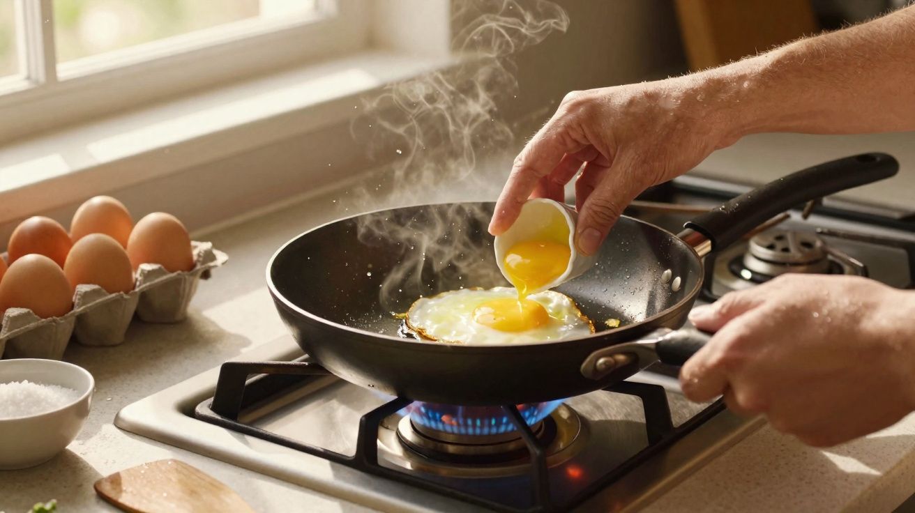 Pessoa fritando ovo em frigideira com gás aceso em cozinha iluminada pela manhã.