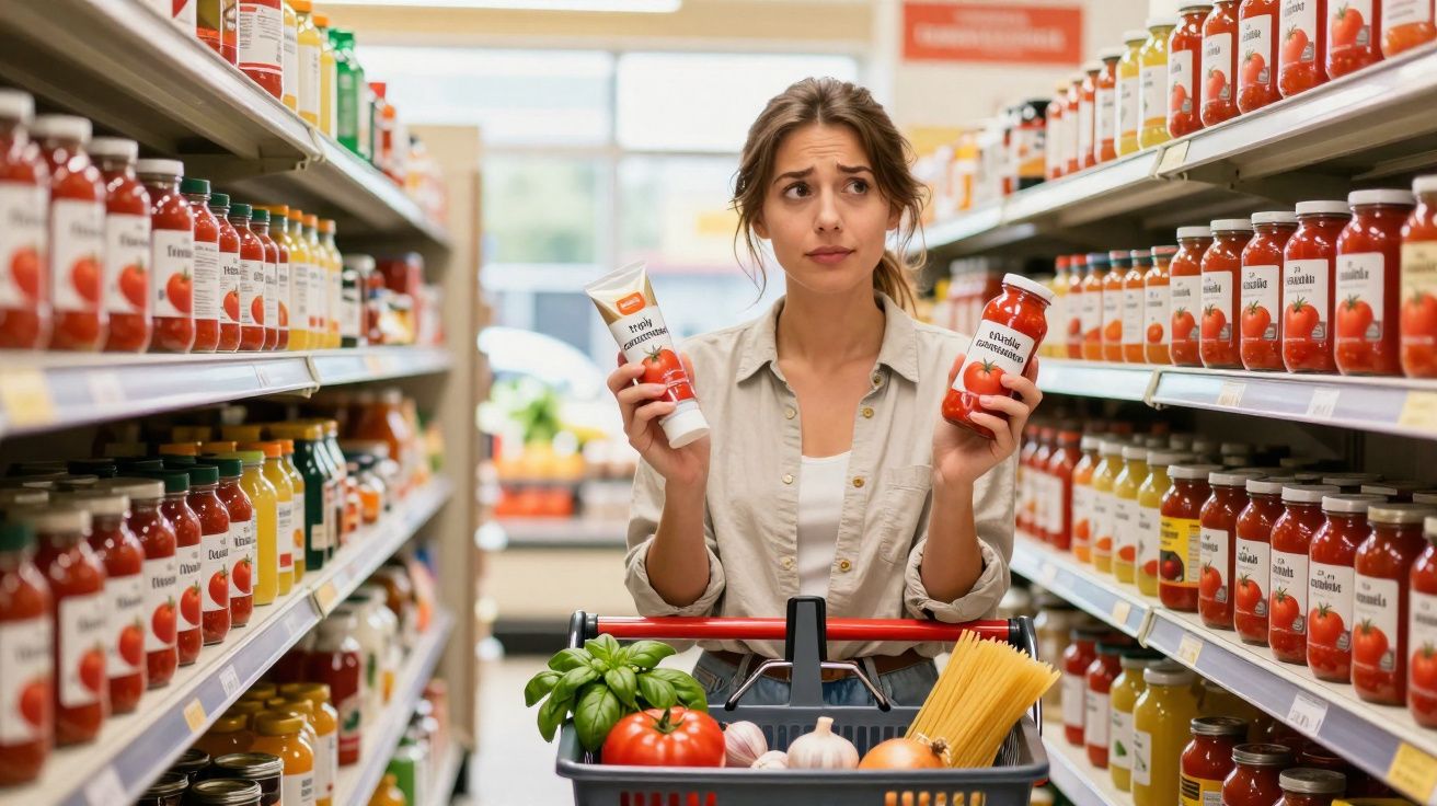 Mulher indecisa comparando molho de tomate em bisnaga e vidro no supermercado.