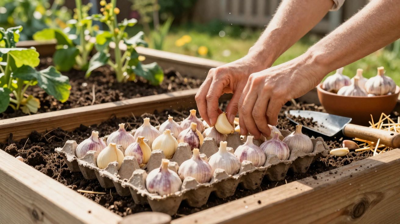 Mãos preparando dentes de alho para plantar em canteiro de madeira com terra fértil no jardim.