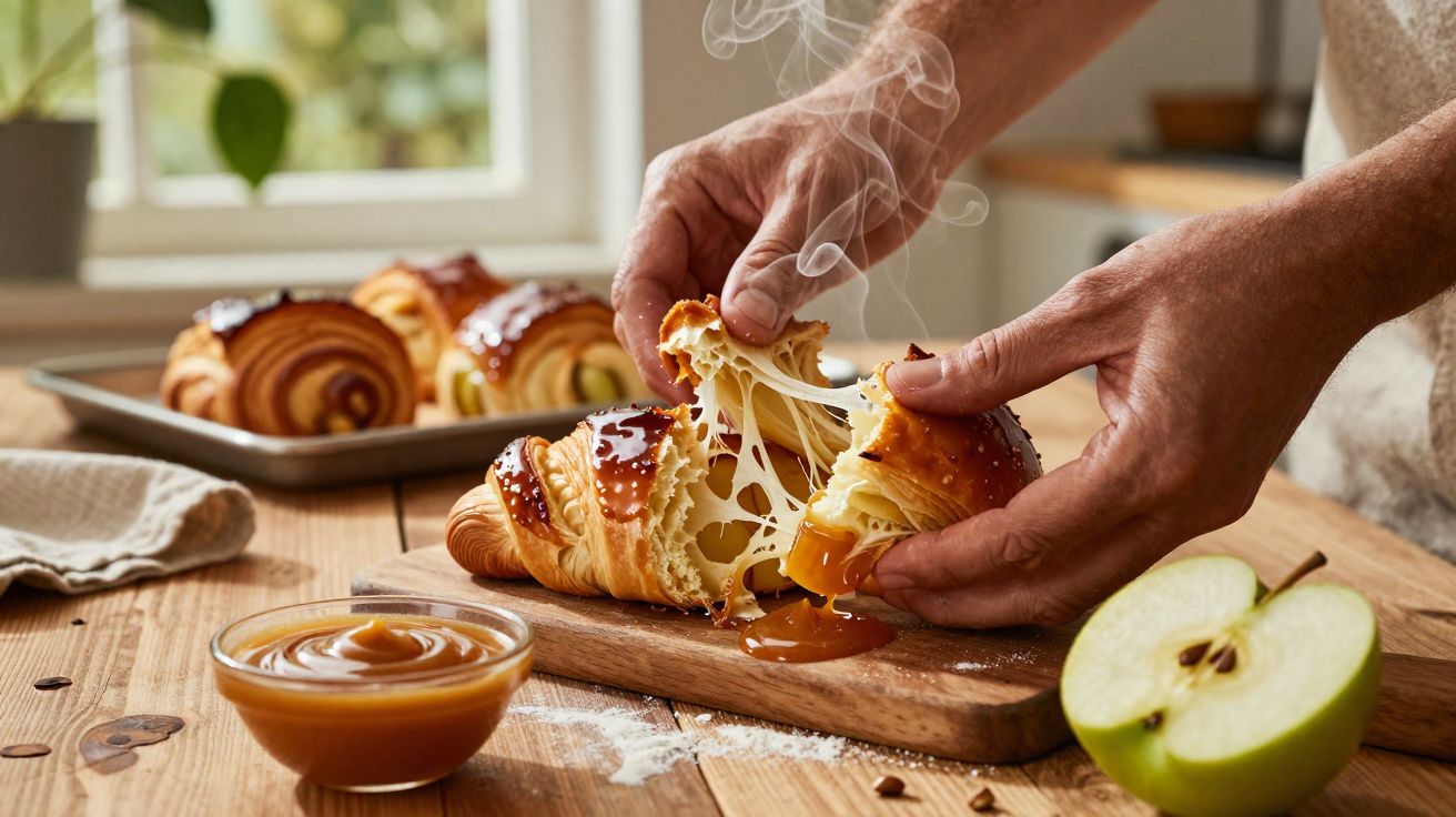 Mãos quebrando um croissant quente com queijo derretido e caramelo, perto de uma maçã verde cortada ao meio.