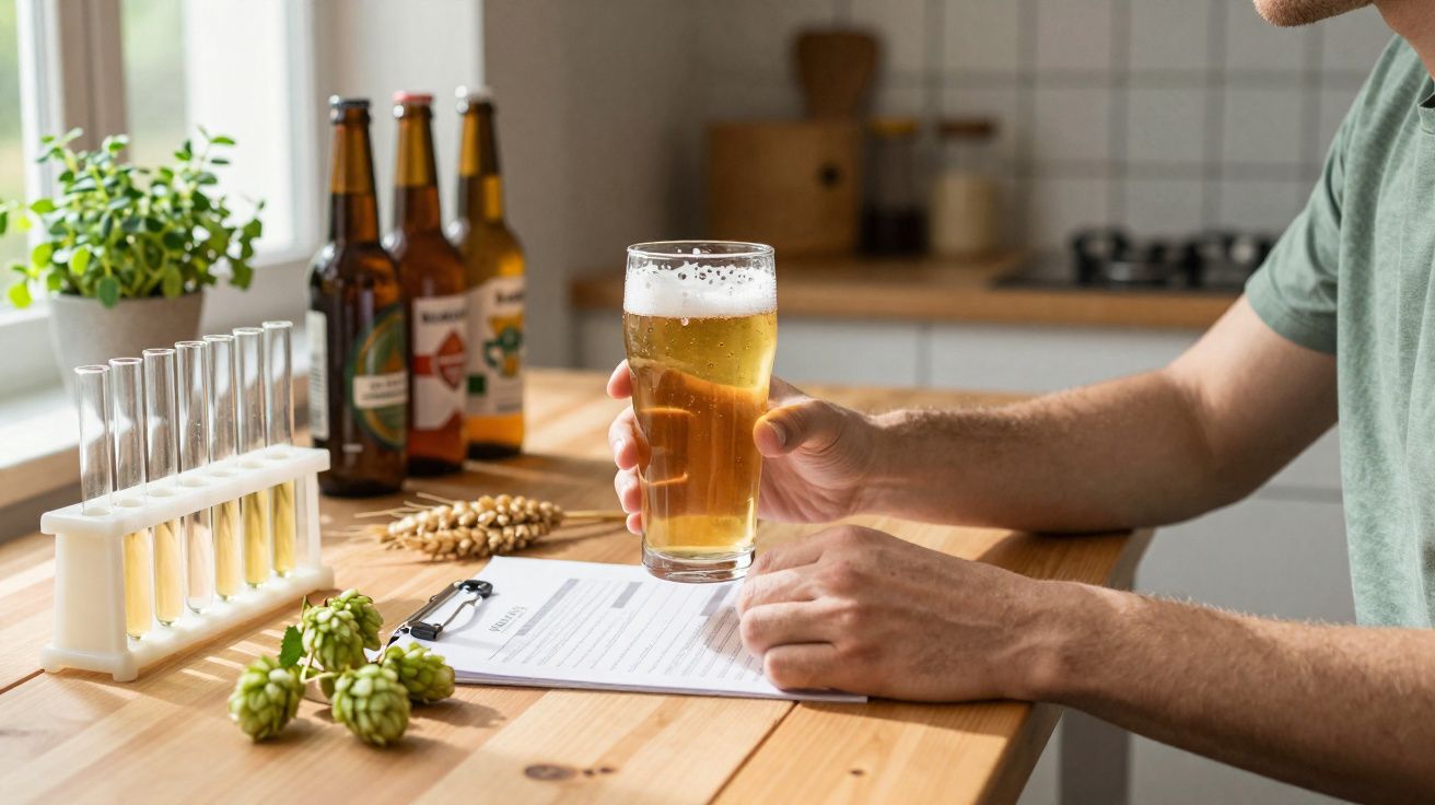 Pessoa segura copo de cerveja em bancada com garrafas, lupulo, tubo de ensaio e ficha de avaliação.