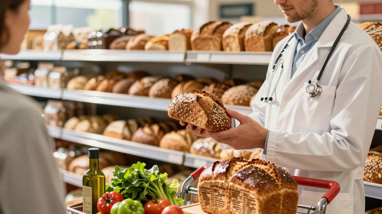 Homem de jaleco branco segura pão integral em padaria, com carrinho de compras cheio de vegetais.