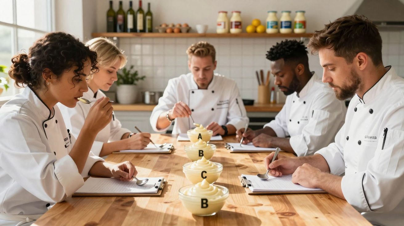 Cinco chefs provando e avaliando diferentes versões de um creme em potes numerados numa mesa de madeira.