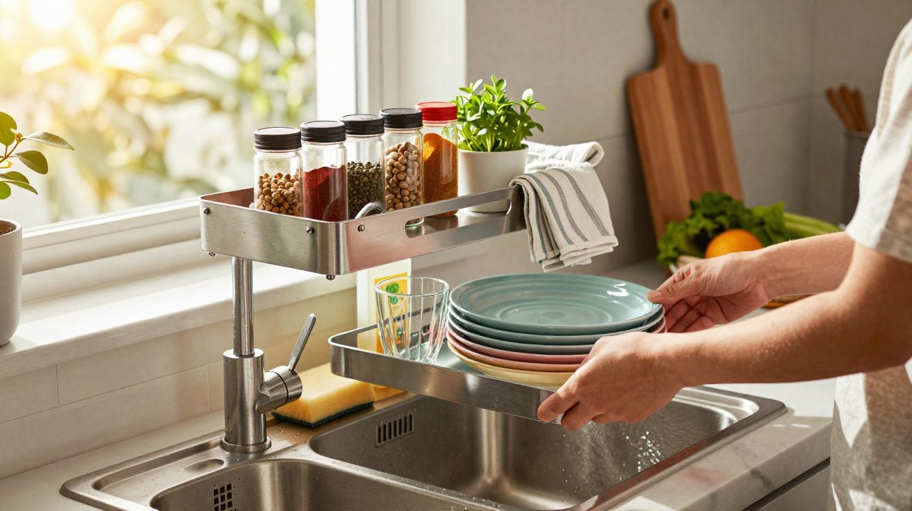 Organizador de pia com pratos, potes de temperos e planta em cozinha com luz natural.