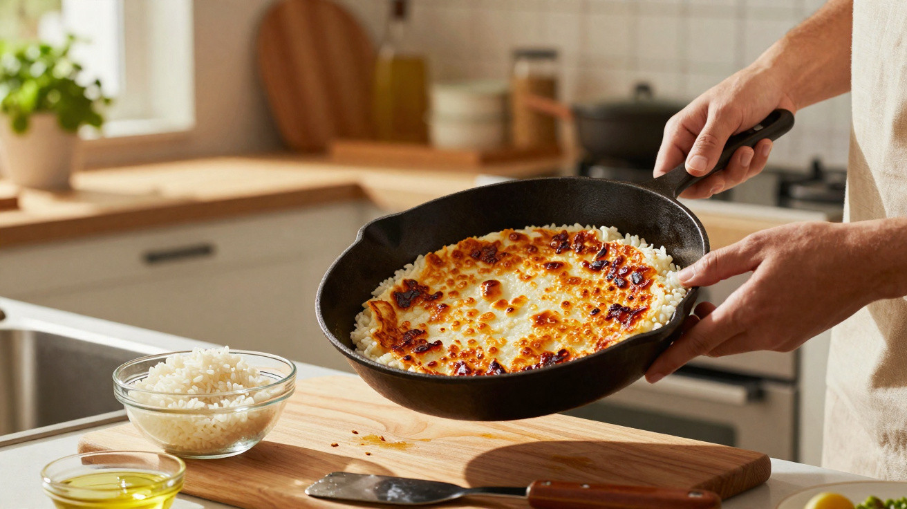 Pessoa segurando frigideira com arroz gratinado em cozinha iluminada, com bowls de arroz e azeite ao lado.