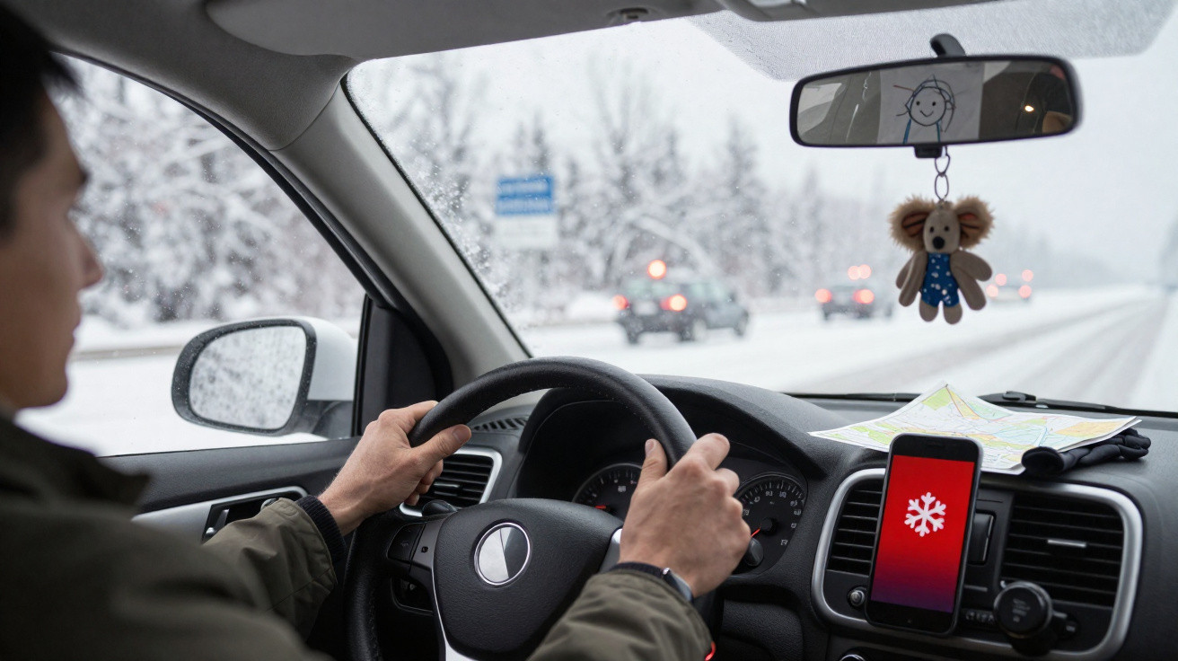 Pessoa dirigindo carro em estrada coberta de neve com celular na tela mostrando símbolo de frio.