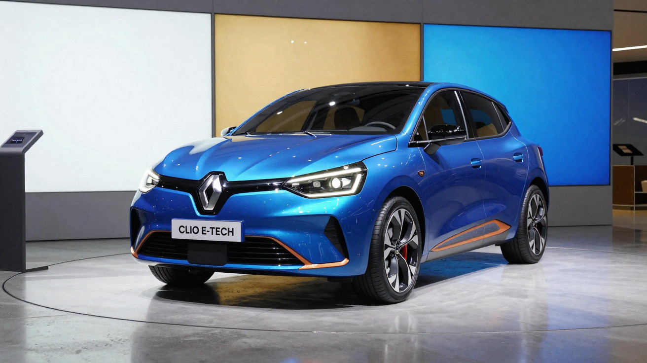 Carro elétrico Renault Clio E-Tech azul exposto em salão com fundo branco, amarelo e azul.