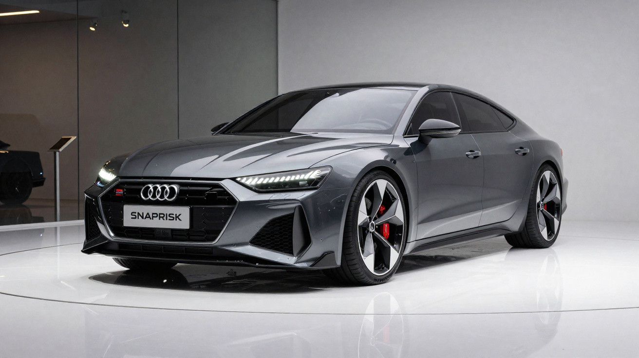 Carro Audi esportivo cinza em exposição, perfil dianteiro com design moderno e rodas grandes.