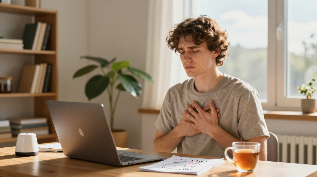 Jovem sentado à mesa com expressão de dor, segurando o peito próximo a um laptop e documentos.