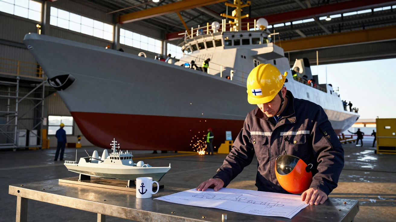 Homem de capacete amarelo analisando planta baixa com modelo de navio e navio grande ao fundo em estaleiro.