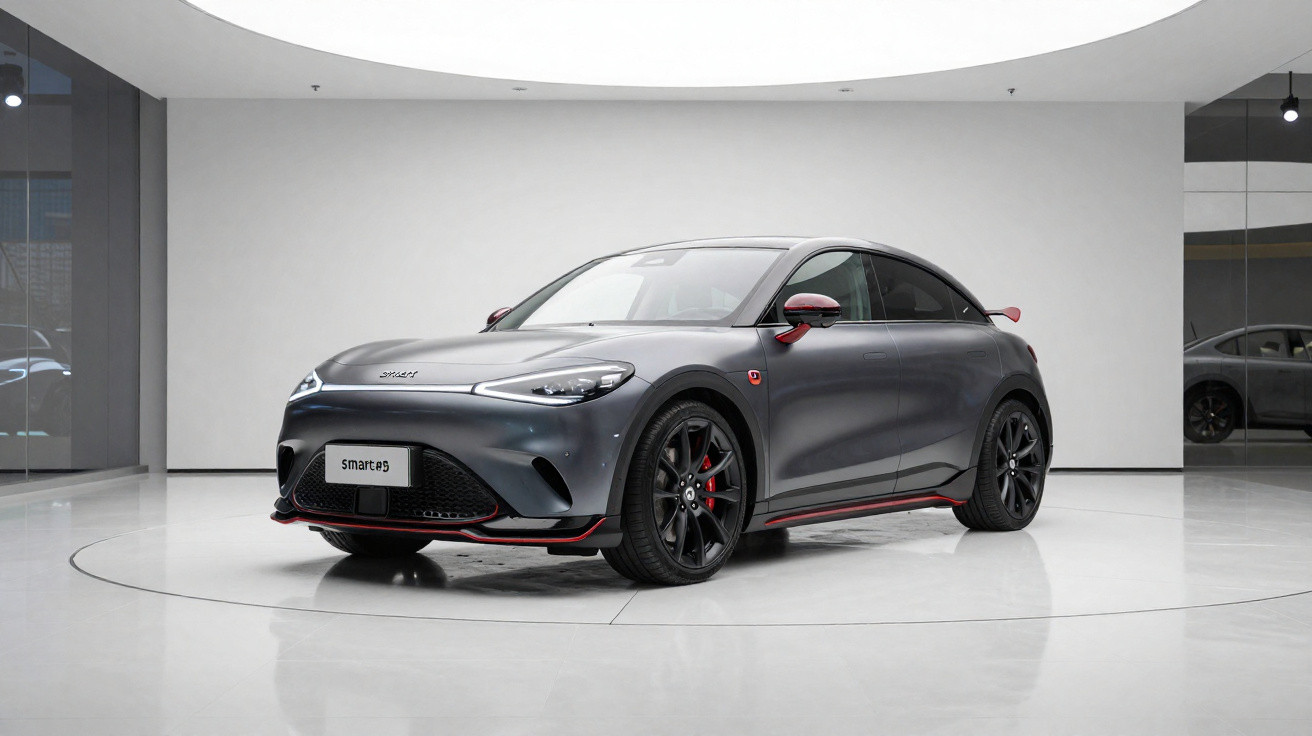 Carro elétrico compacto cinza fosco com detalhes vermelhos em estúdio moderno, modelo smart es.