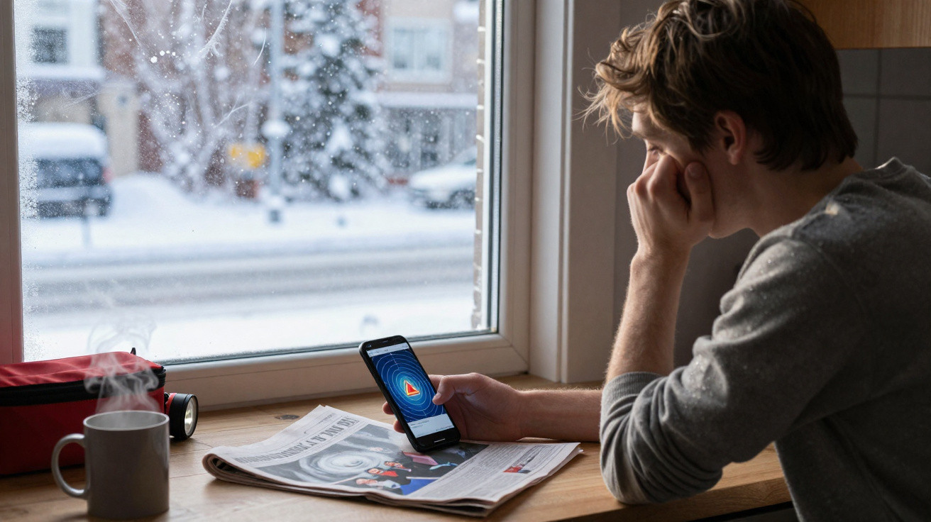Homem olhando pelo celular sentado perto da janela com neve do lado de fora e uma xícara fumegante na mesa.
