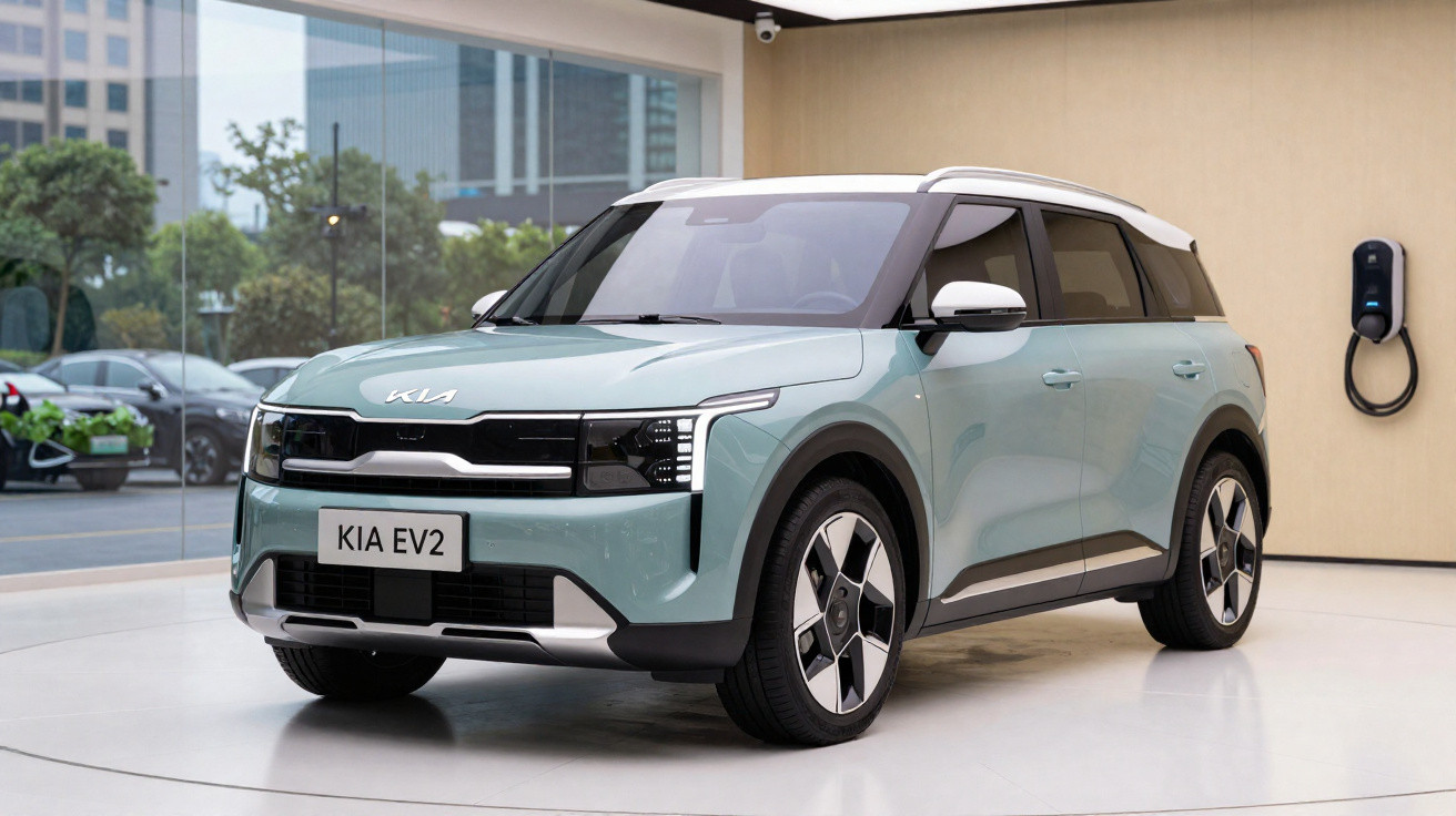Carro SUV elétrico Kia EV2 azul claro estacionado em showroom moderno com parede bege e carregador elétrico.