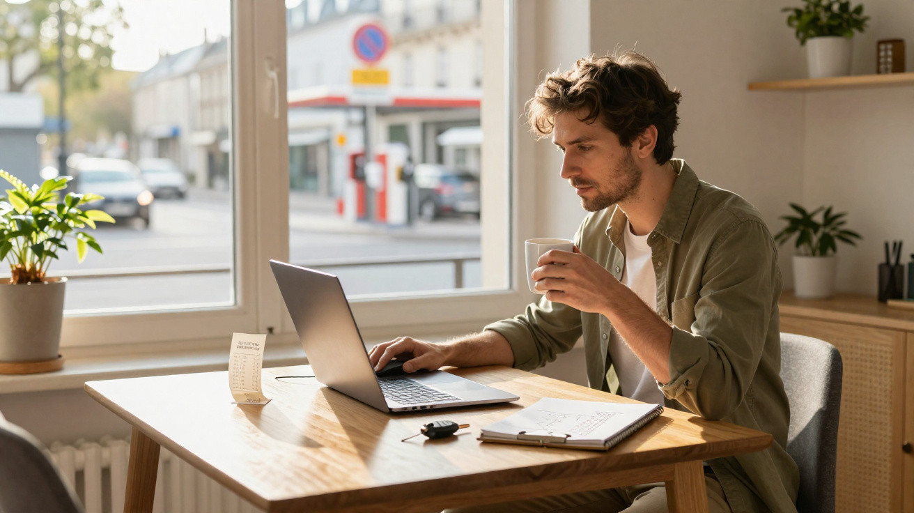 Homem sentado à mesa com laptop e café, trabalhando em ambiente iluminado pela janela.