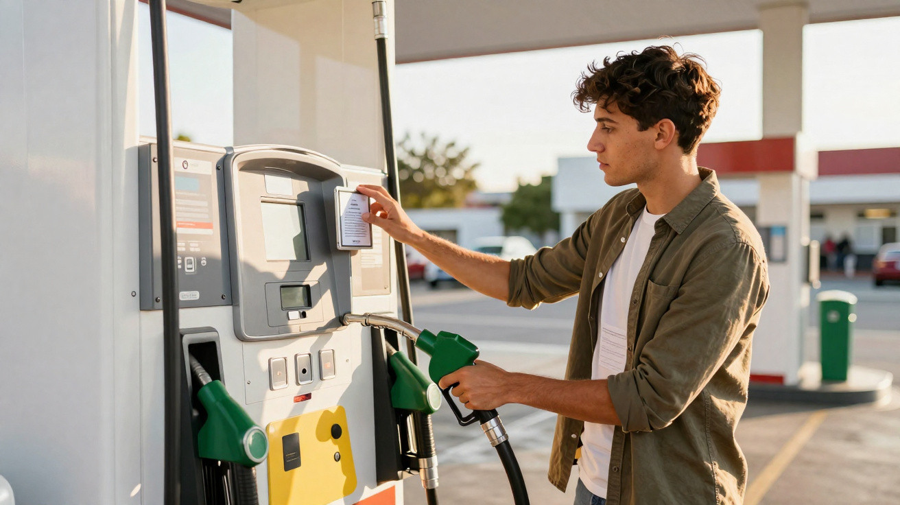 Homem usando celular para pagar enquanto abastece carro em posto de gasolina ao ar livre.