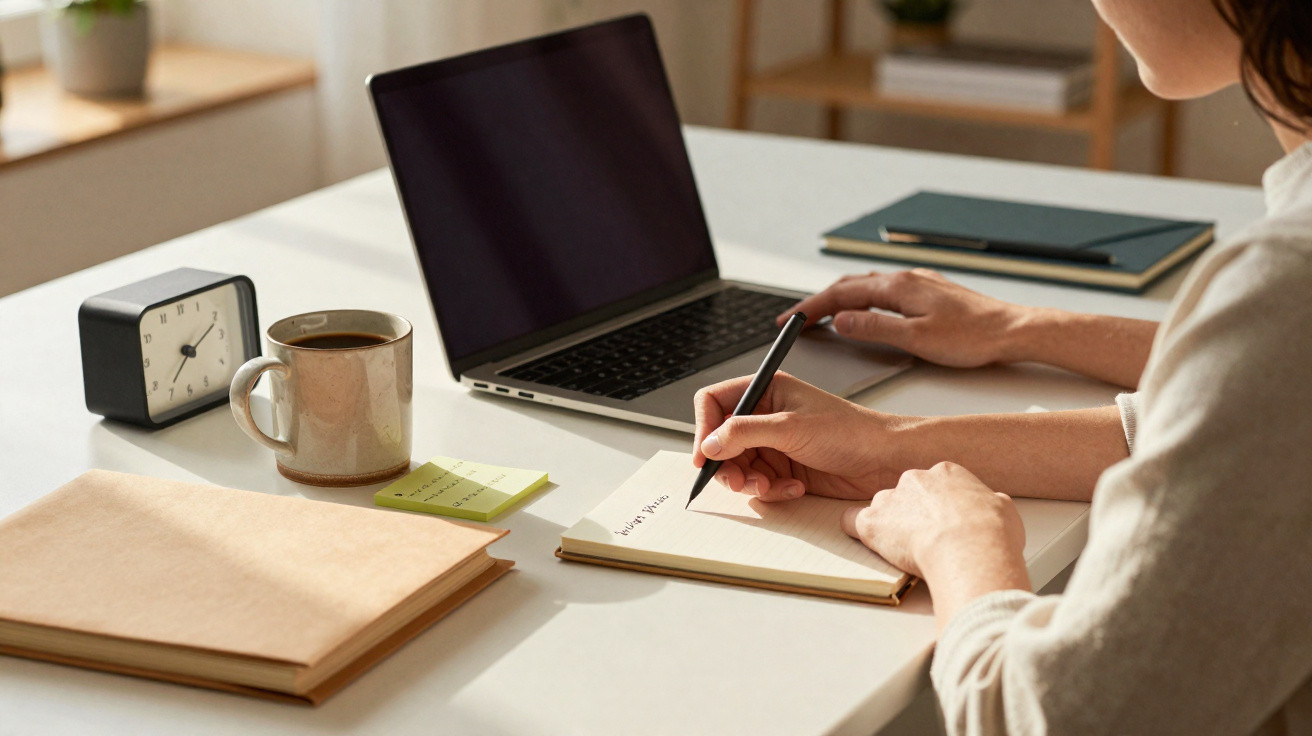 Pessoa escrevendo em caderno com laptop, relógio, xícara de café e pastas sobre mesa branca.