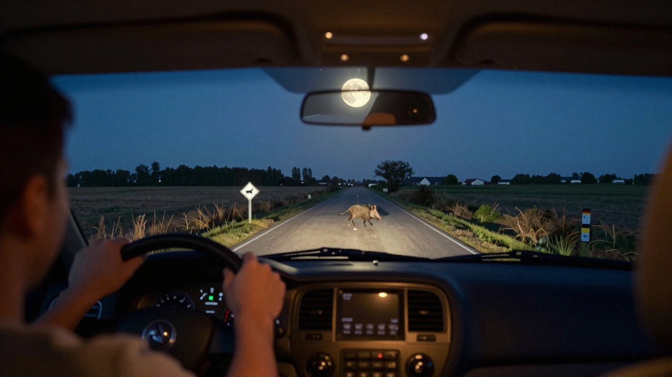 Motorista avista javali cruzando estrada rural à noite sob luz da lua cheia.