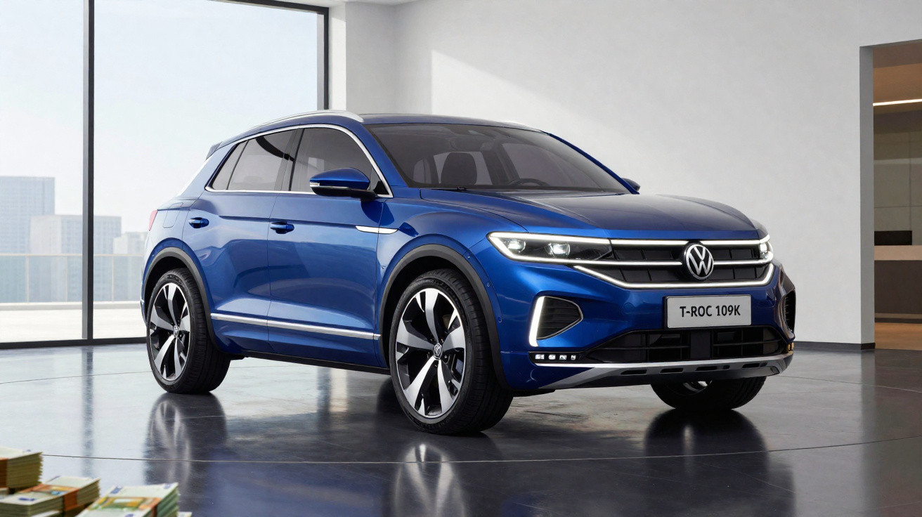 SUV Volkswagen T-Roc 109K azul estacionado dentro de ambiente moderno com janelas grandes.