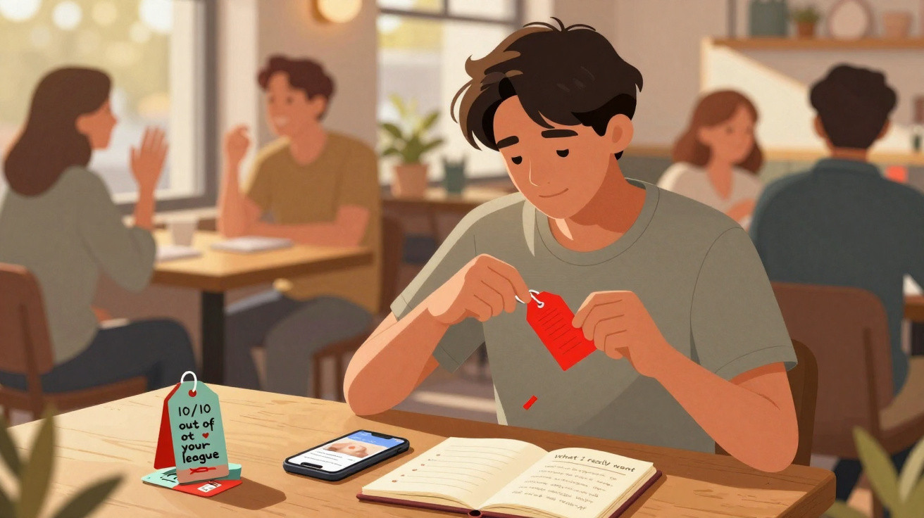Jovem rasga um papel vermelho sentado à mesa com celular e caderno, pessoas conversam ao fundo em café.