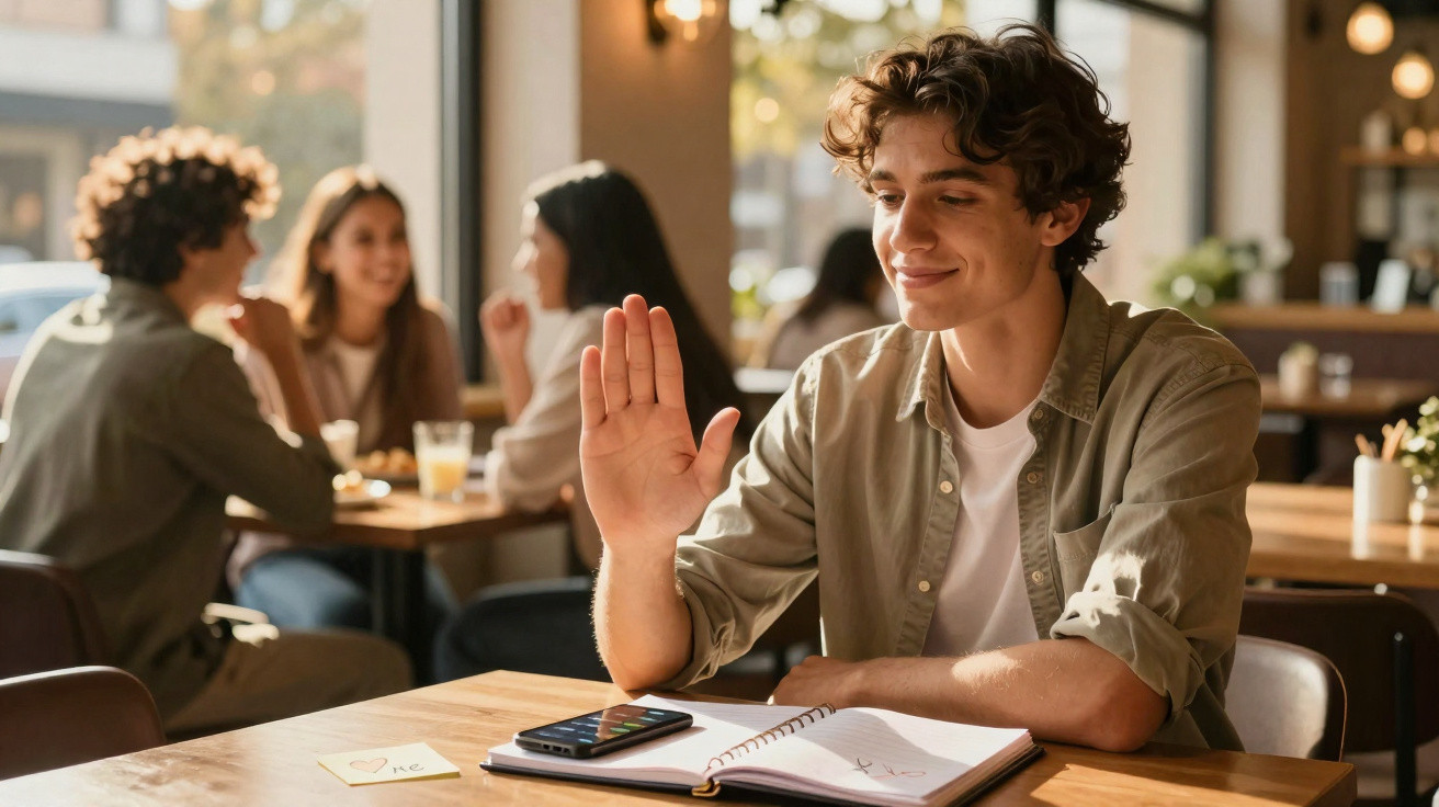 Jovem sentado à mesa de café com caderno aberto, acenando com a mão em sinal de cumprimento.