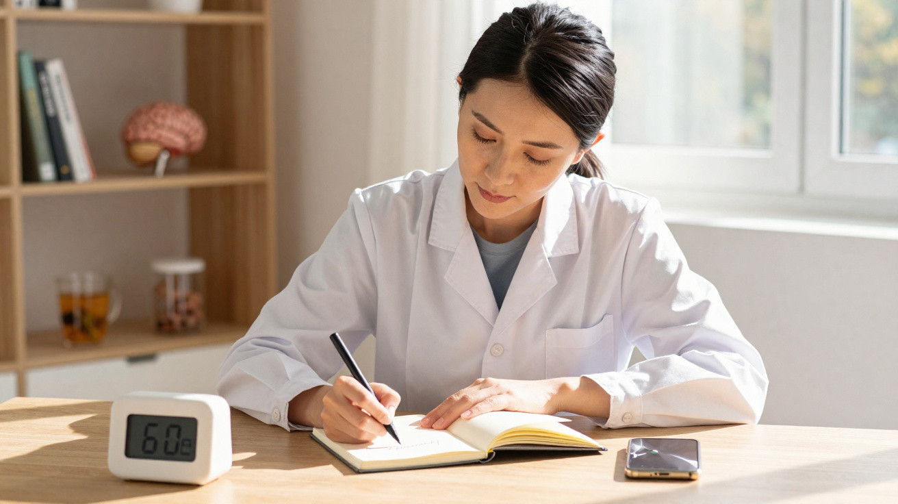 Mulher cientista em jaleco branco escrevendo em caderno em mesa com celular e relógio digital.