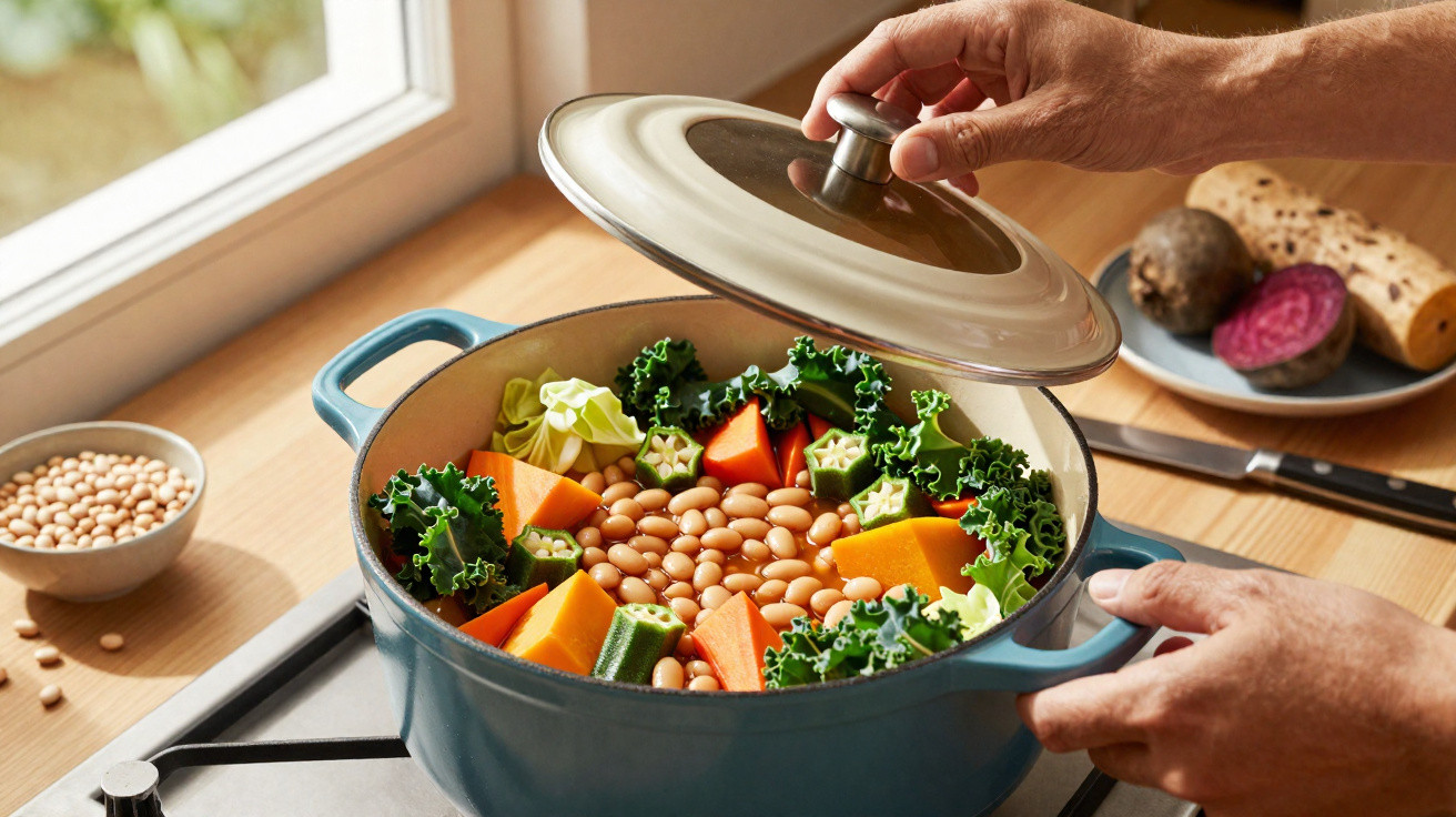 Pessoa tampando panela com feijão branco, legumes e verduras em fogão próximo à janela.