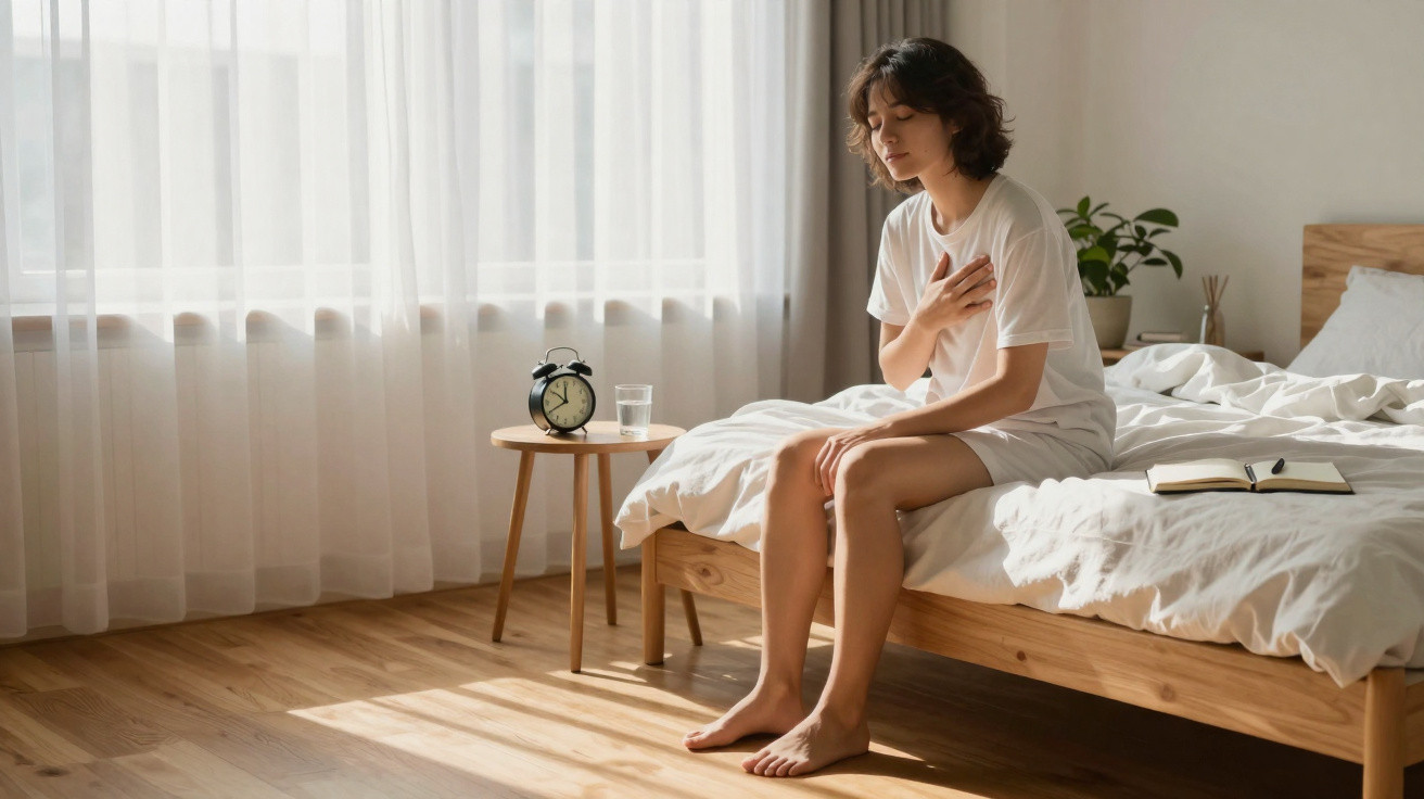 Mulher sentada na cama com expressão de desconforto, segurando o peito em quarto iluminado pela manhã.
