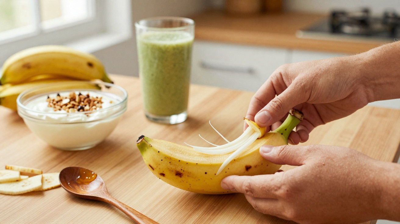 Mãos abrindo banana para mostrar brotos, ao fundo iogurte com granola, smoothie verde e bananas na cozinha.