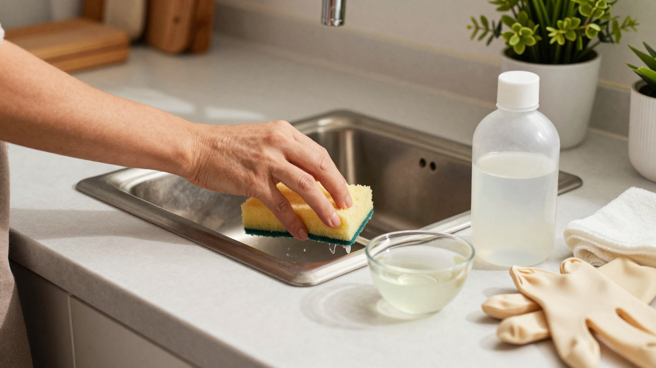 Mão feminina limpando pia de inox com esponja amarela, ao lado detergente, luvas e toalha na bancada branca.