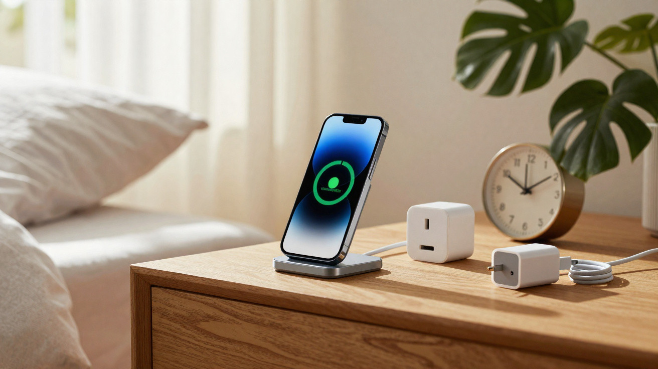 Smartphone carregando em base sem fio sobre mesa de madeira ao lado de relógio e tomada.
