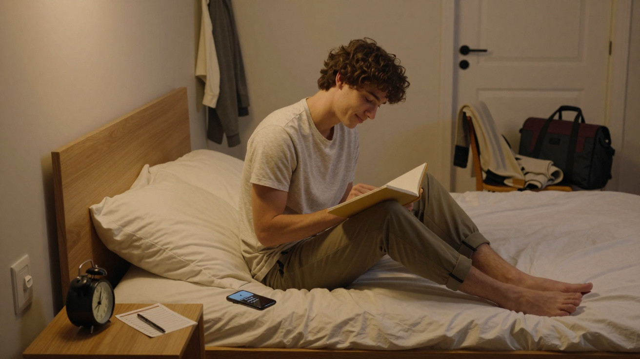 Jovem sentado na cama lendo um livro em quarto com iluminação quente e roupas no cabide.