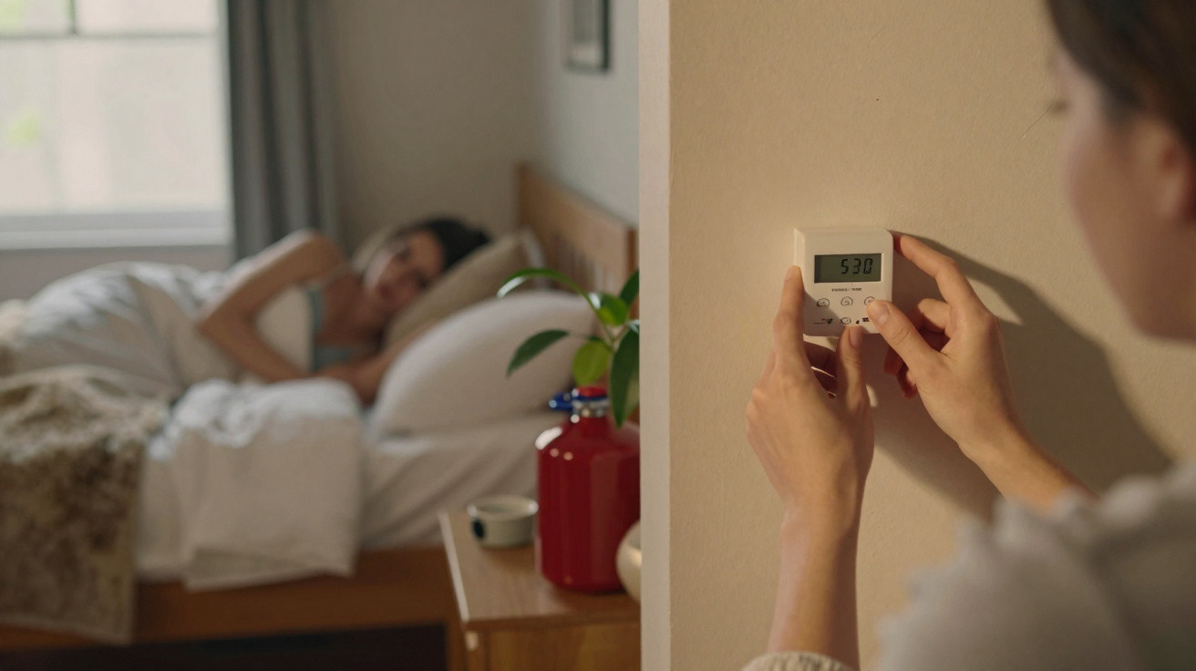 Pessoa ajusta termostato na parede com outra pessoa deitada na cama ao fundo, de manhã cedo.