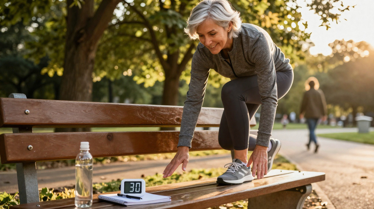 Mulher madura se exercita em parque, usando tênis e relógio digital em banco de madeira.