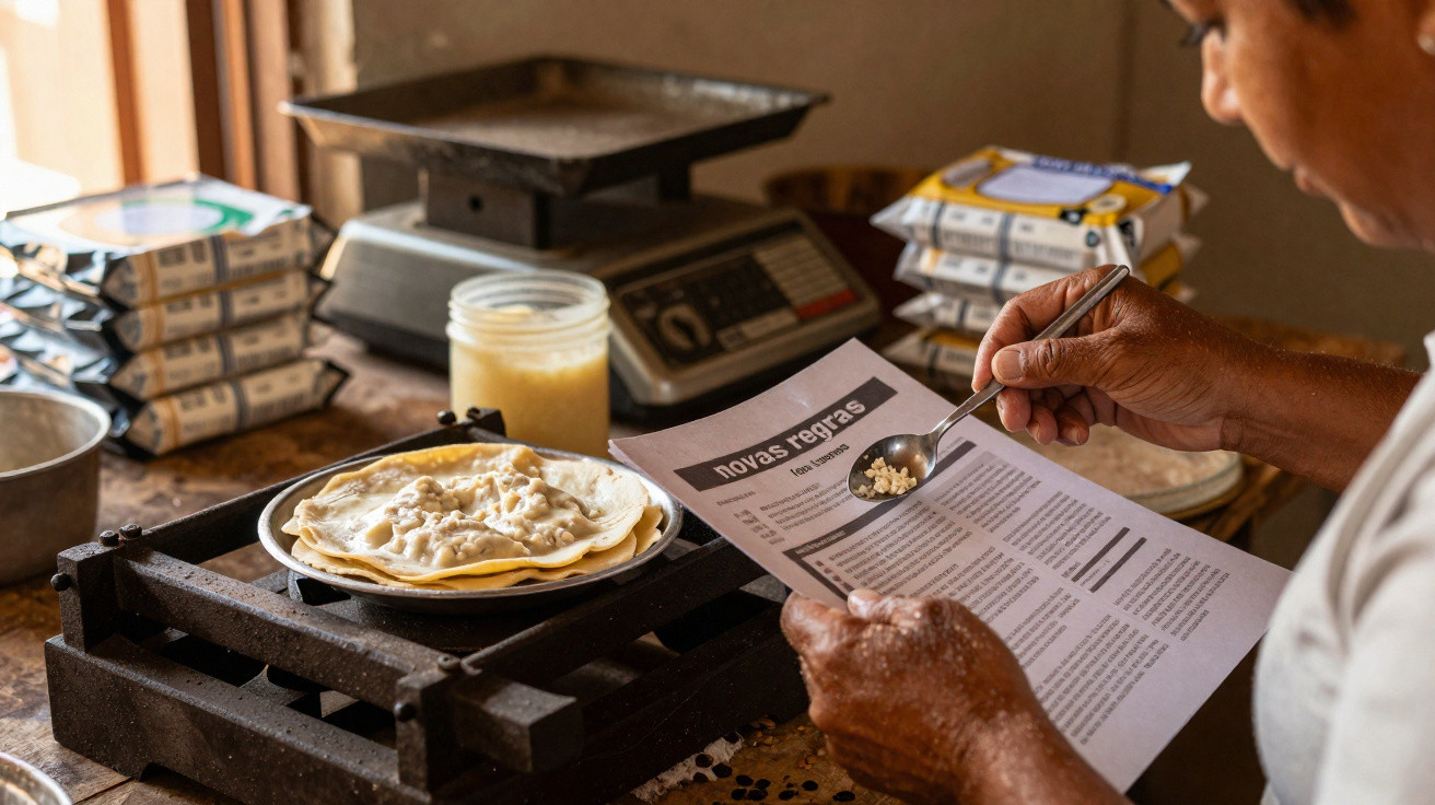 Pessoa preparando receita de comida tradicional com ingredientes e fogão caseiro em cozinha simples.