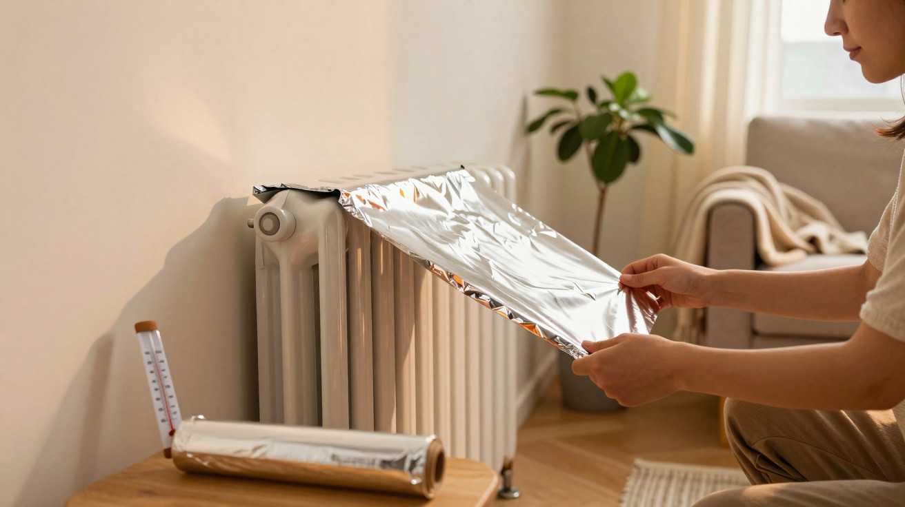 Pessoa colocando papel alumínio atrás de um radiador para melhorar o aquecimento ambiente.