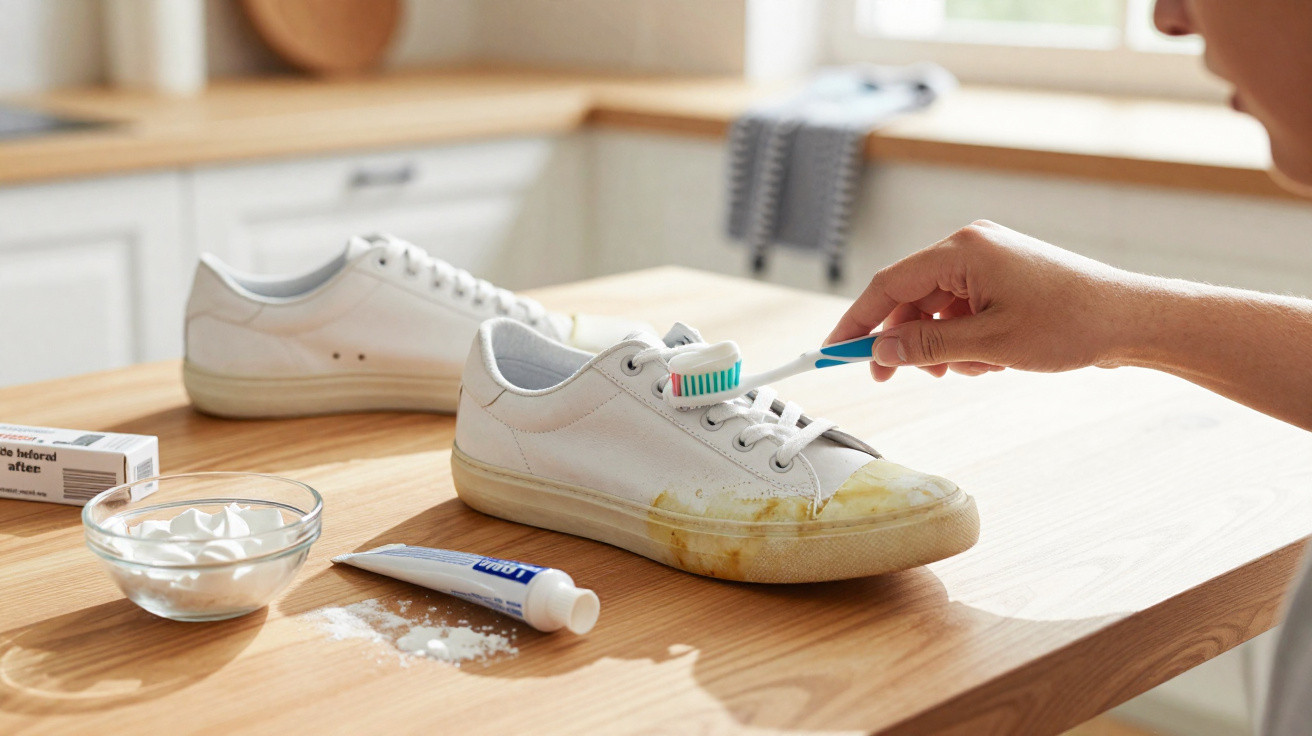Pessoa limpando tênis branco sujo com escova de dente, pasta e bicarbonato em bancada de madeira.
