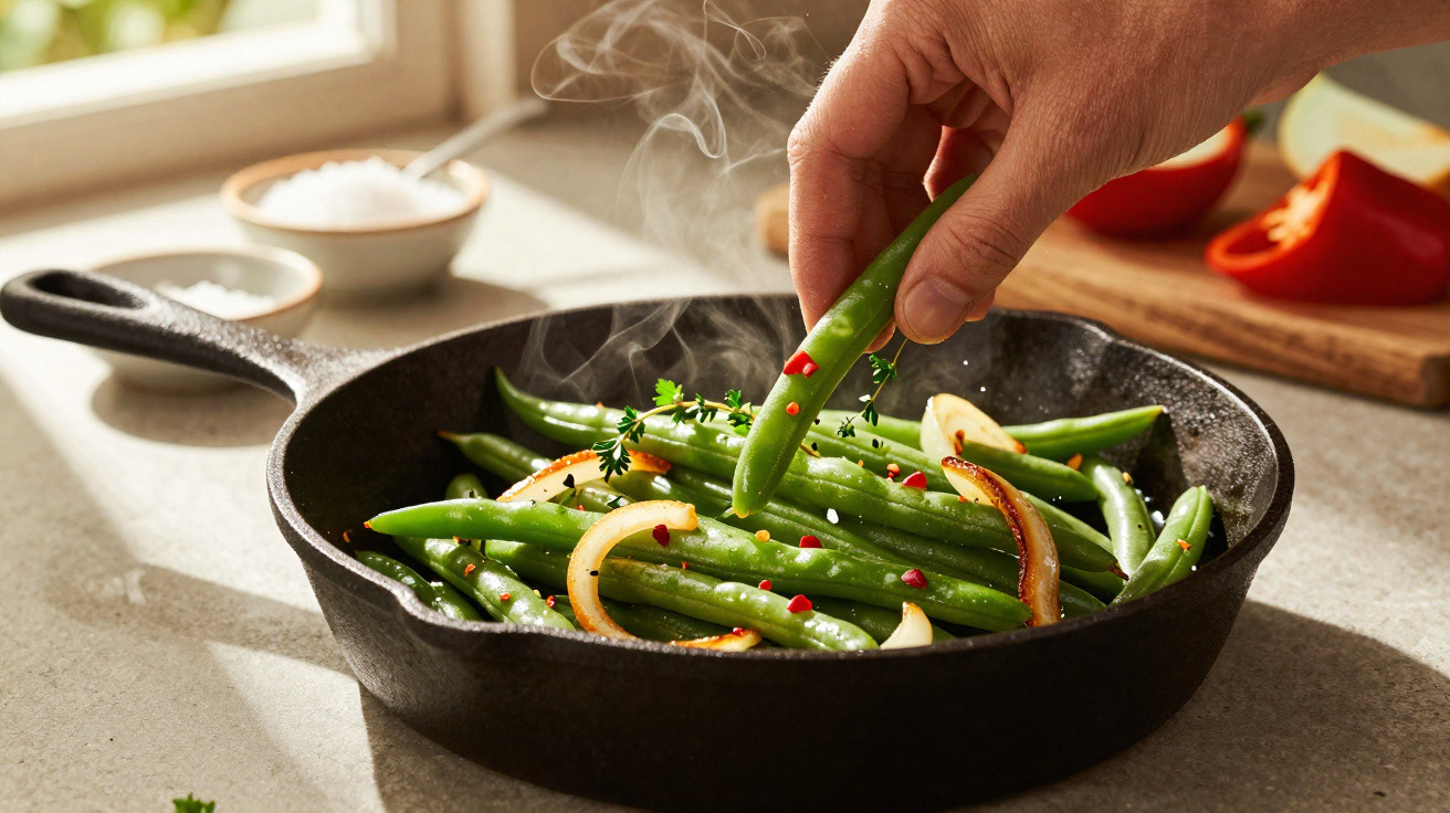Mão segurando vagem para temperar em frigideira com vagens, cebolas e pimenta rosa, quente e fumegante.